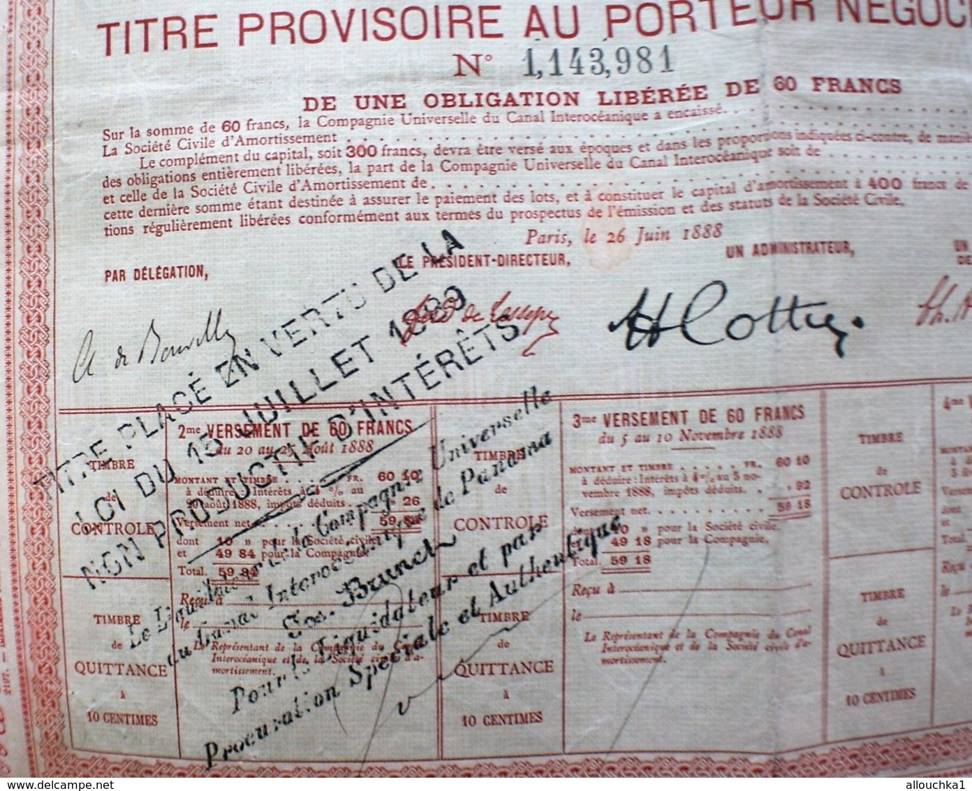 1888 Action & Titre Thème Navigation COMPAGNIE UNIVERSELLE DU CANAL INTEROCÉANIQUE DE PANAMA+FISCAUX+VIGNETTE CONTRÔLE - Navigation