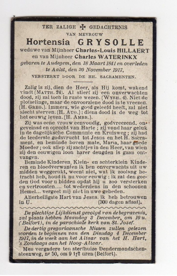 Doodsprentje VROUW FEMME Hortensia GRYSOLLE °1841 AUDEGEM OUDEGEM+1917 AALST // HILLAERT / WATERINKX - Andachtsbilder