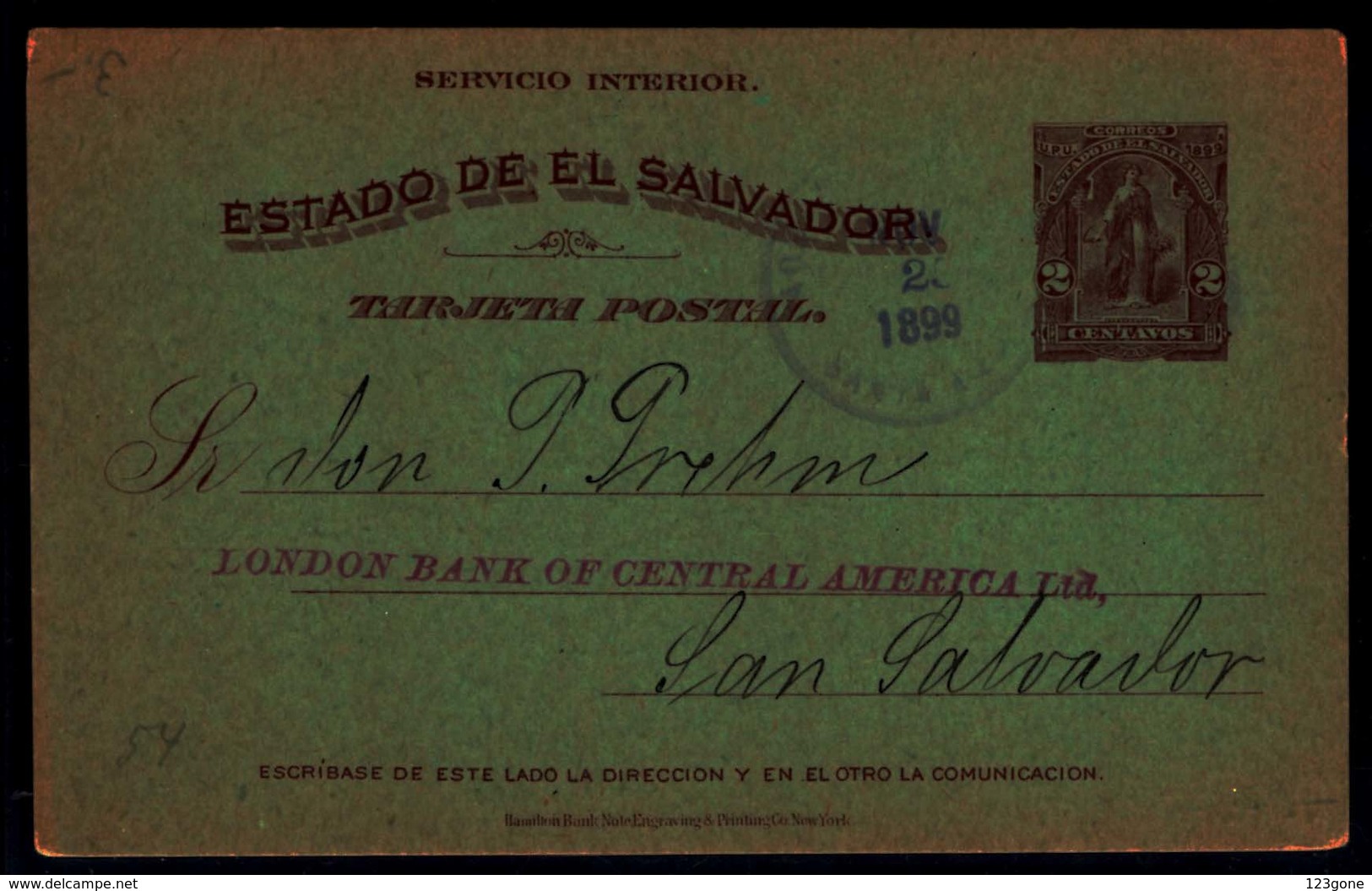 123gone. SALVADOR, EL. C.1896. SS - Sta Ana. 1c Green Stat Small Env. VF Used. - El Salvador