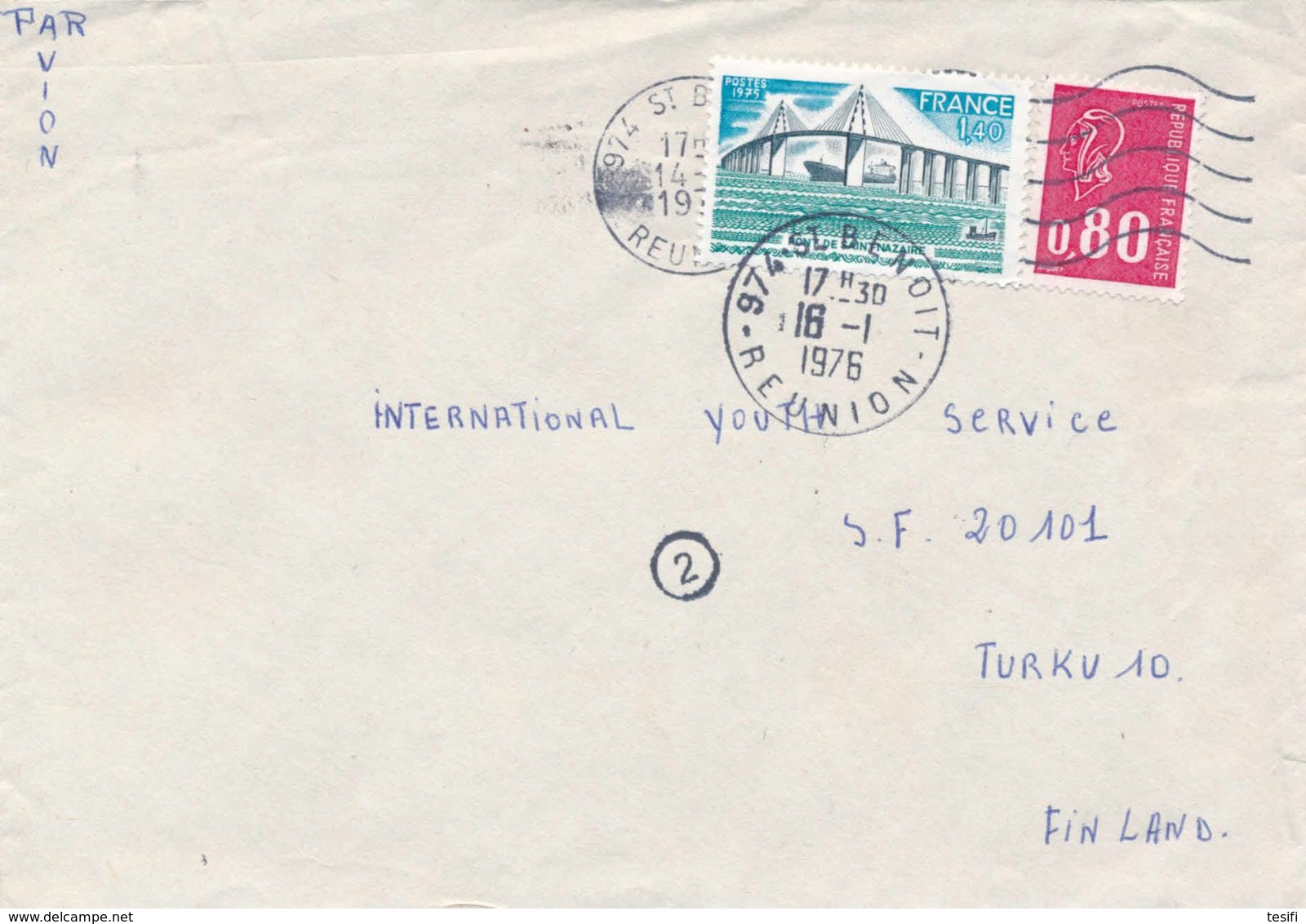 France Reunion 1976 A Cover To Finland, Bequet Stamp Cancelled On 14.1, The Other Added On 16.1 - Storia Postale