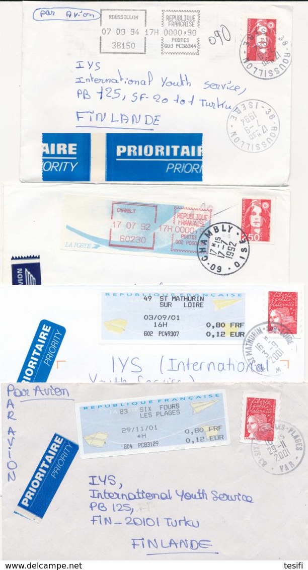 France 1992-2001 8 Metered Covers To Finland - Lettres & Documents