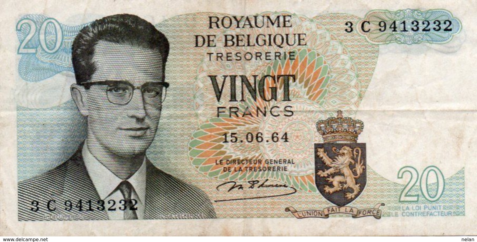 BELGIO-20 FRANCS-1964  P-138a1 - 20 Francs