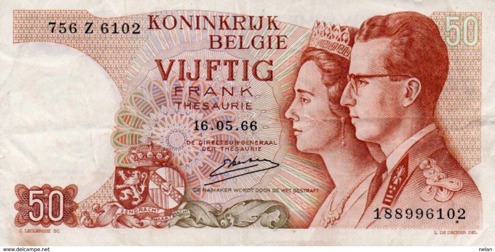 BELGIO-50 FRANCS-1966  P-139a3 - 50 Francs