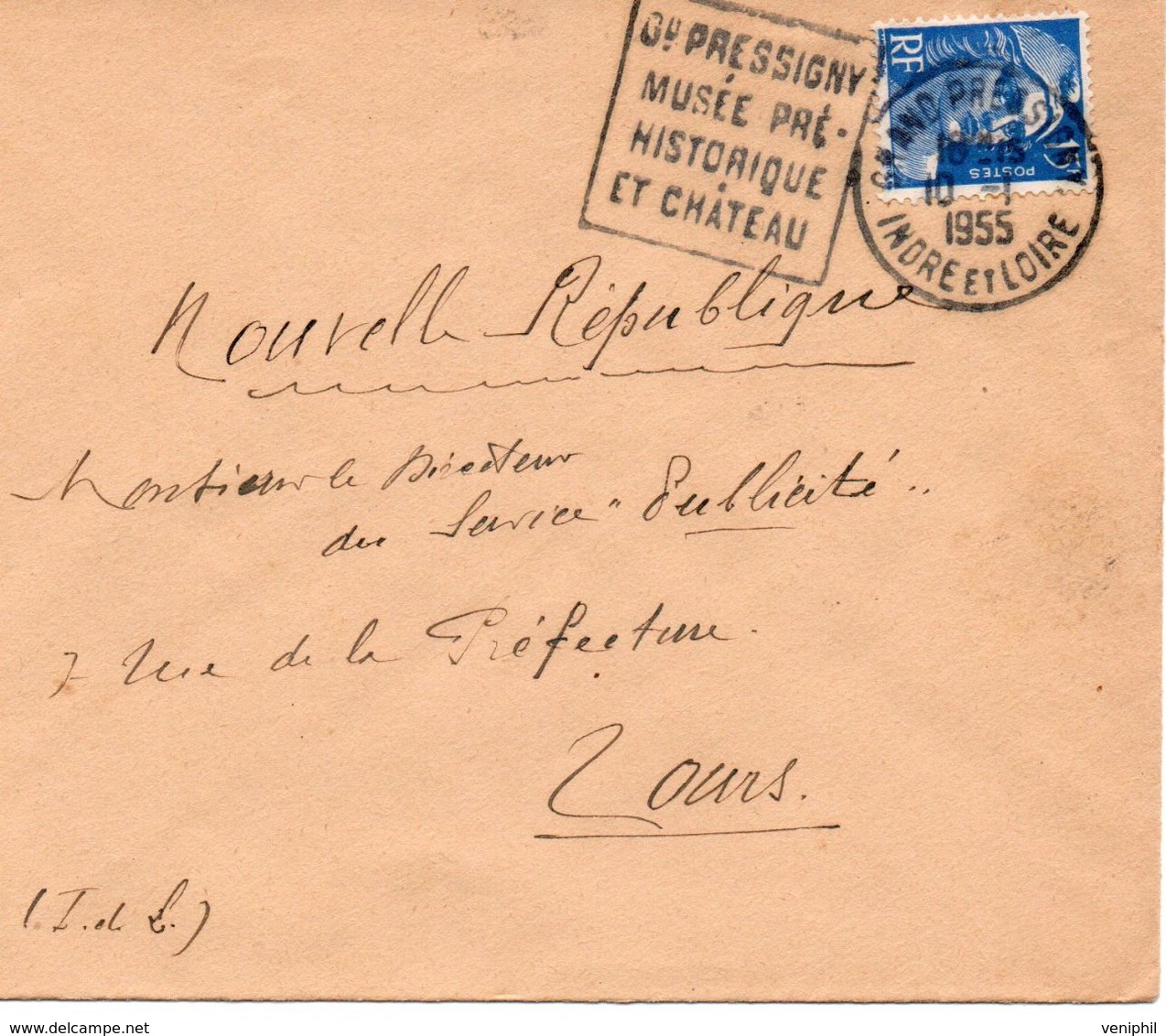 LETTRE OBLITERATION DAGUIN -GD  PRESSIGNY -MUSEE PRE-HISTORIQUE ET CHATEAU - INDRE ET LOIRE -1955 - Oblitérations Mécaniques (Autres)