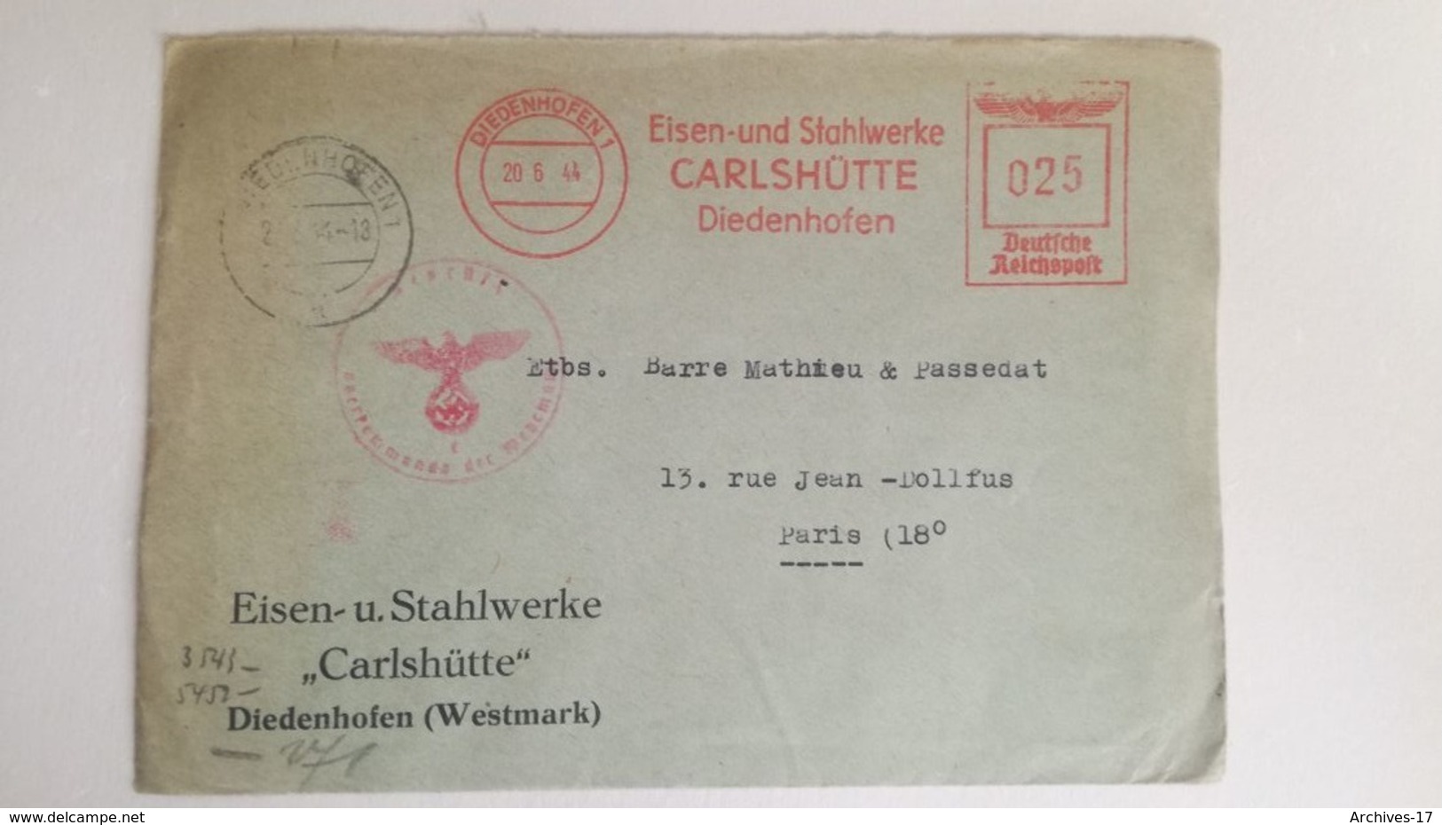 ENVELOPPE 1944 - DIEDENHOFEN 1 - Deutsche Reichspost - Eisen - Und Stahlwerke CARLSHÜTTE Diedenhofen - Censure - Briefe U. Dokumente