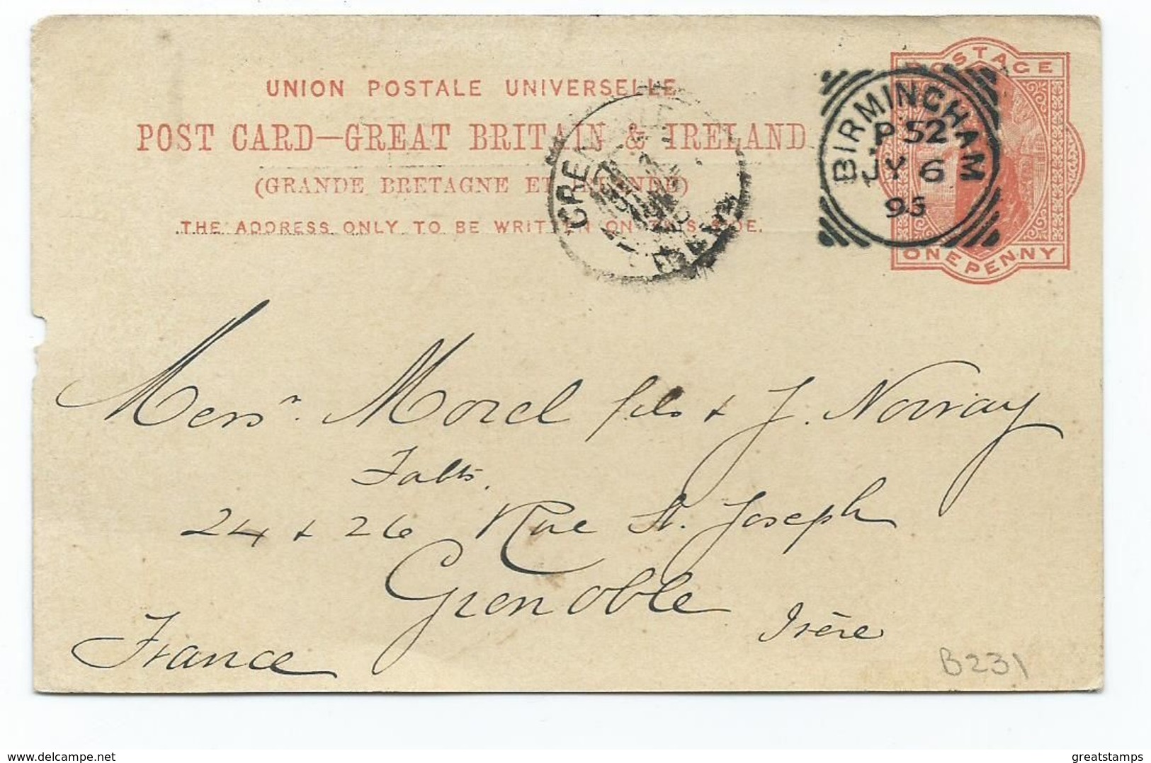 Great Britain Victoria 1d Orange Prepaid Postcard Birmingham P52  Clear And Crisp Squared Circle Posted 1895 - Storia Postale