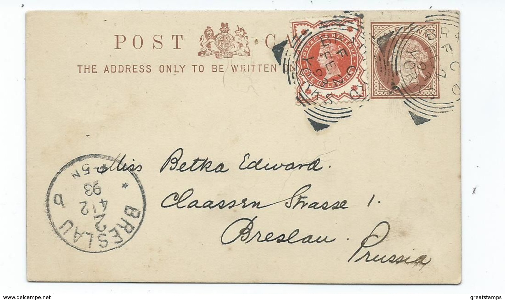 Great Britain Victoria 1/2d Orange  Plus Prepaid Postcard Bradford  Fl2   To Prussia Squared Circle Posted 1893 - Brieven En Documenten