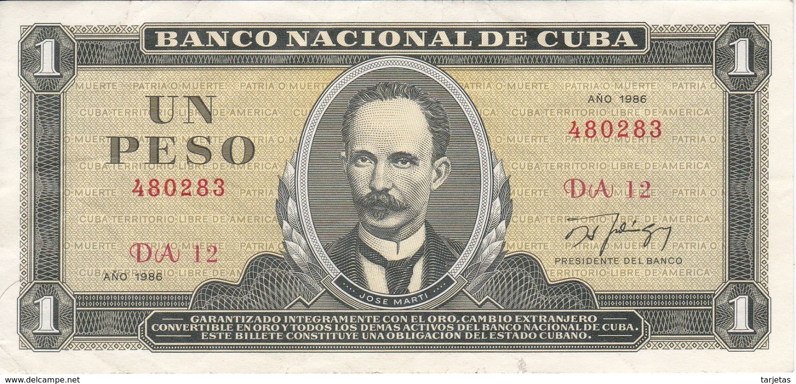 BILLETE DE CUBA DE 1 PESO DEL AÑO 1986 (BANK NOTE)  JOSE MARTI - Kuba