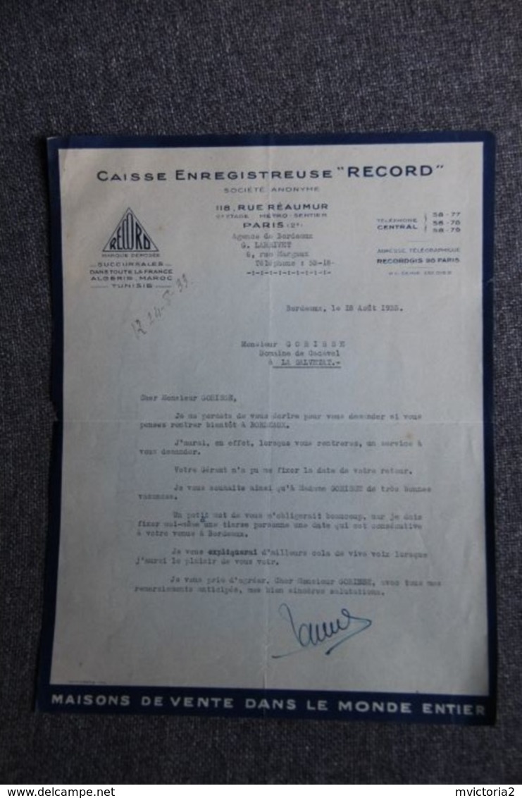 Facture Ancienne - BORDEAUX, CAISSE ENREGISTREUSE " RECORD". - 1900 – 1949
