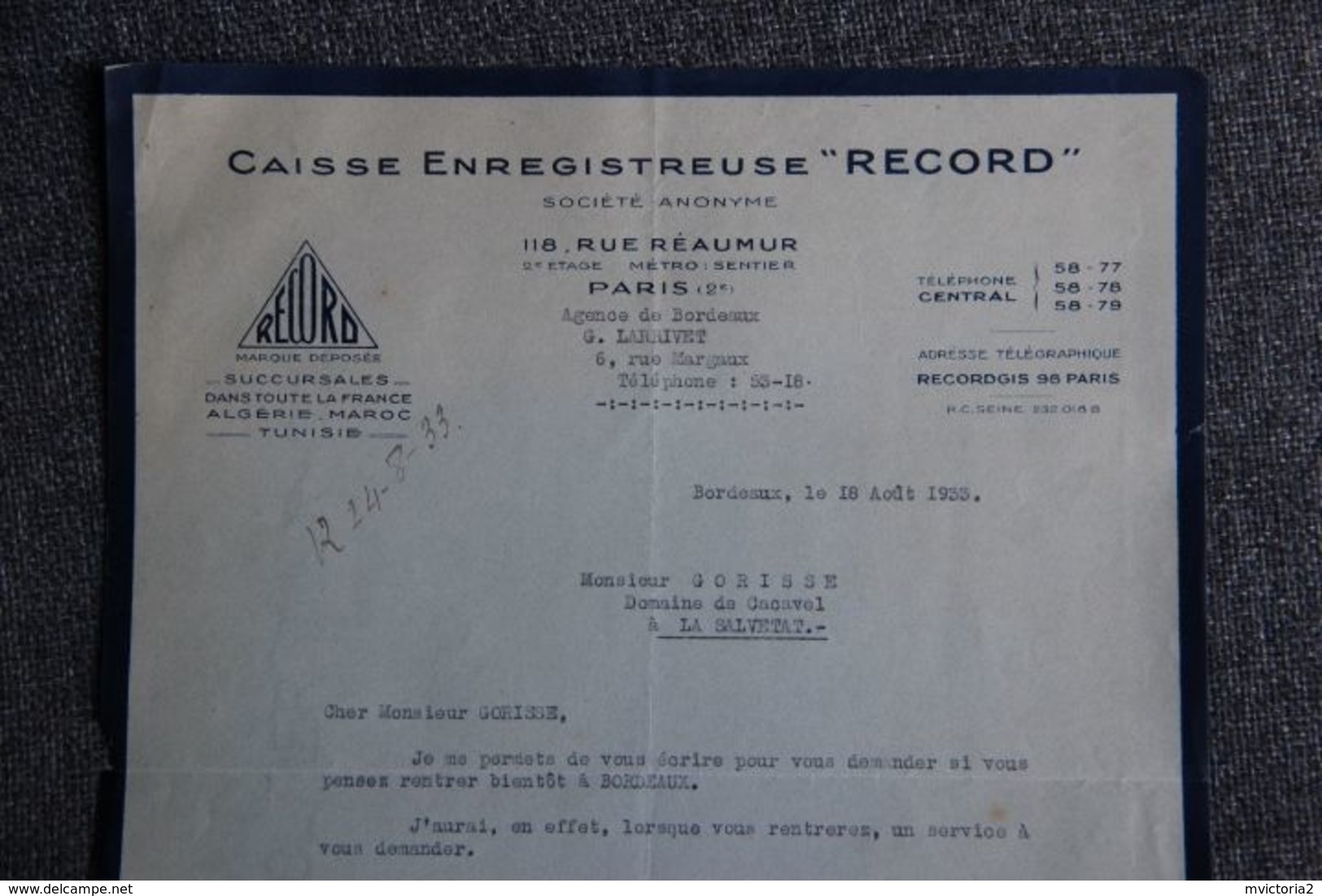 Facture Ancienne - BORDEAUX, CAISSE ENREGISTREUSE " RECORD". - 1900 – 1949