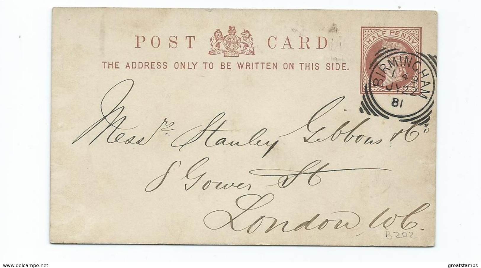 Great Britain Victoria    Squared Circle On 1/2d Prepaid Postcard Birmingham L49  1881 - Storia Postale