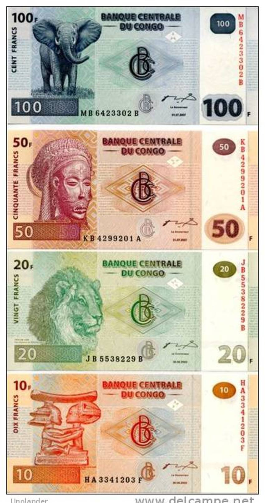 CONGO D.R. Set (4v) 10 20 50 100 Francs 2003 - 2013 P 93 94A 97 98 UNC - Repubblica Democratica Del Congo & Zaire