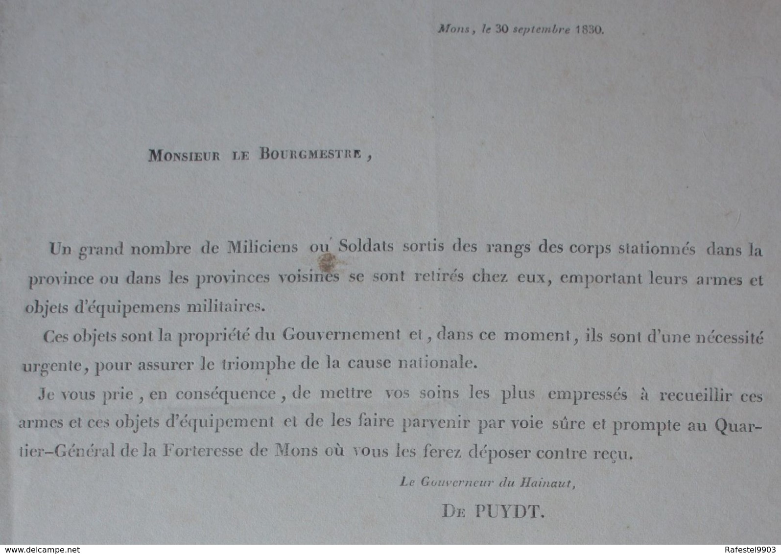 Circulaire REVOLUTION 1830 Belgique Demande Aux Miliciens De Rapporter Armes Forteresse De Mons ABL - Non Classés