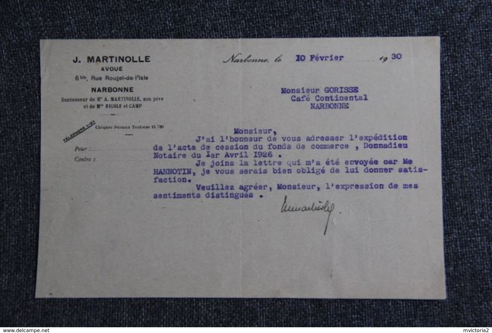 Lettre Commerciale : NARBONNE, J.MARTINOLLE, Huissier - 1900 – 1949