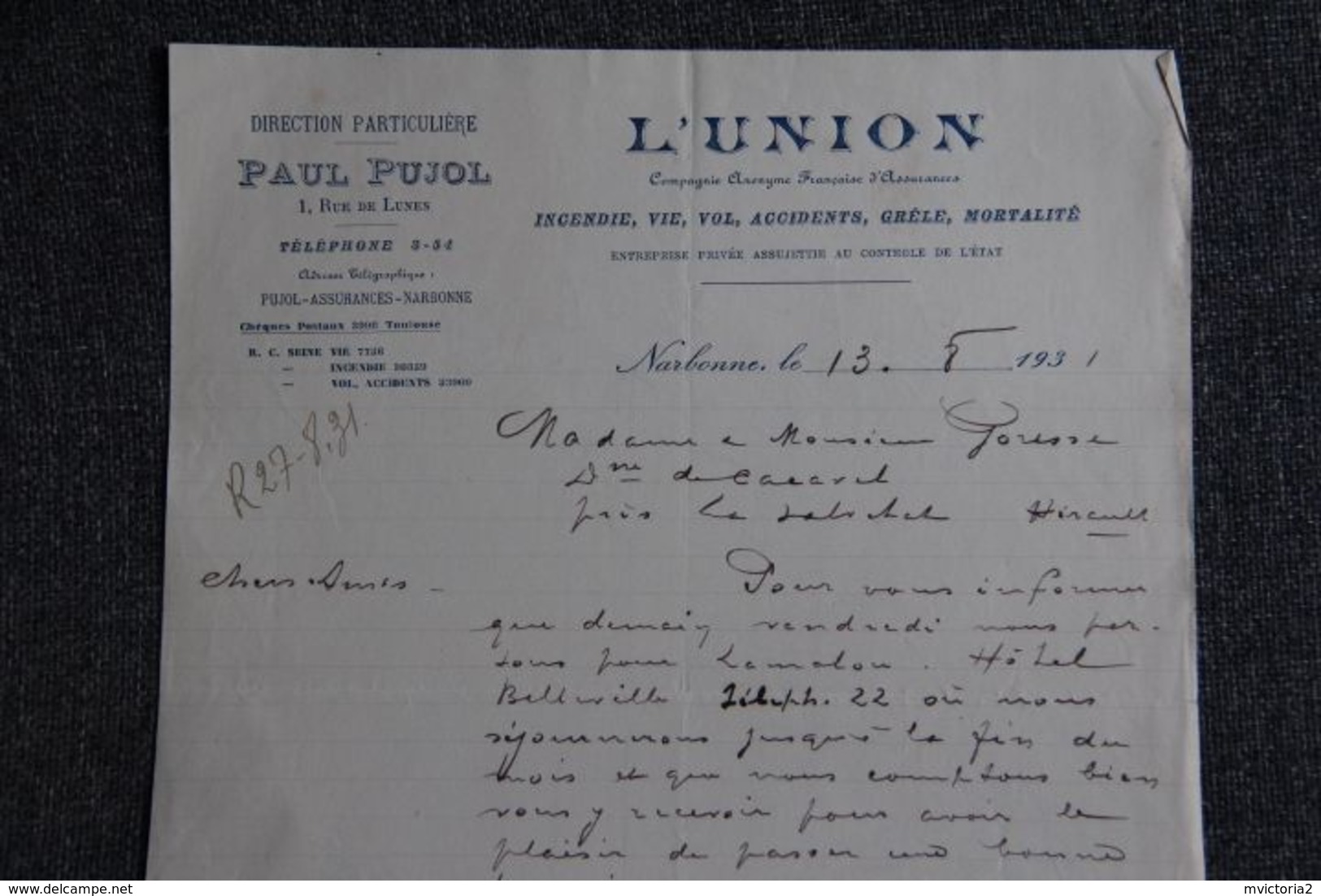 Lettre Commerciale : NARBONNE, Paul PUJOL, Assurance L'UNION - 1900 – 1949