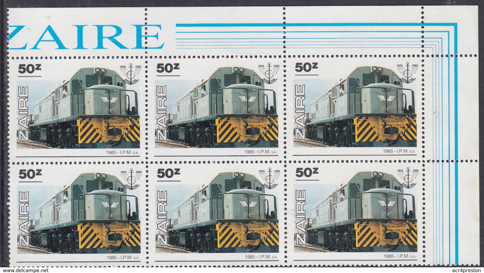 A5183 ZAIRE 1985, SG 1261 50Z National Transport Office, Train,  MNH Corner Block Of 6 - Oblitérés