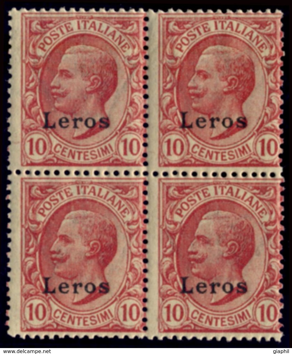 ITALIA ISOLE DELL'EGEO LERO 1912 10 C. (Sass. 3) QUARTINA NUOVA INTEGRA ** - Egeo (Lero)