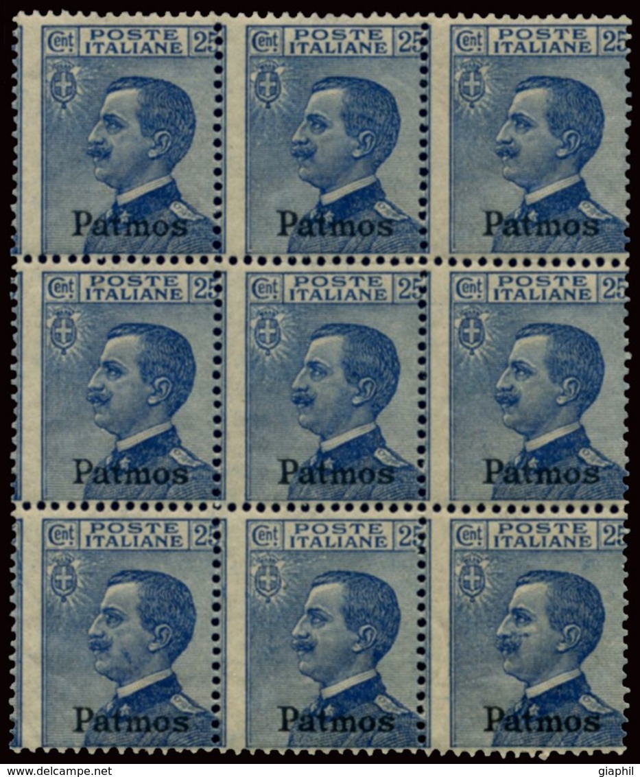 ITALIA ISOLE DELL'EGEO PATMO 1912 25 C. (Sass. 5) BLOCCO DI NOVE NUOVO INTEGRO ** - Egeo (Patmo)