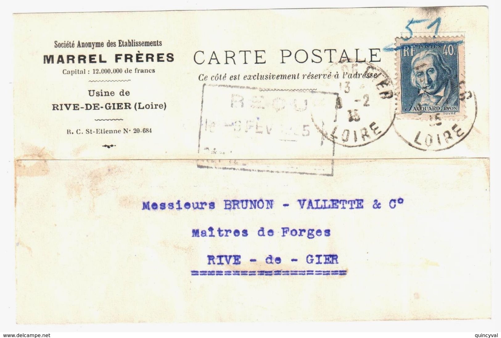 RIVE DE GIER Loire Carte Postale Entête MARREL Frères Commande 40 C Jacquard Yv 295 Ob 9 2 1935 Dest Brunon Vallette - Cartas & Documentos