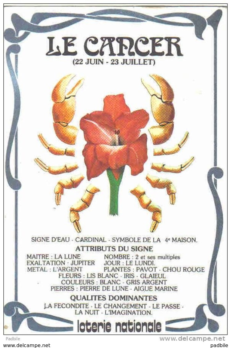 Carte Postale De La Loterie Nationale  Astrologie Horoscope Cancer  Trés Beau Plan - Astrology