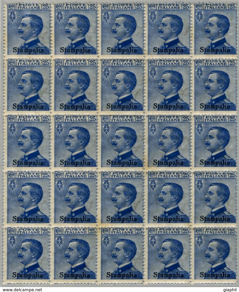 ITALIA ISOLE DELL'EGEO STAMPALIA 1912 25 C. (Sass. 5) BLOCCO DI 25 NUOVO INTEGRO ** - Egée (Stampalia)