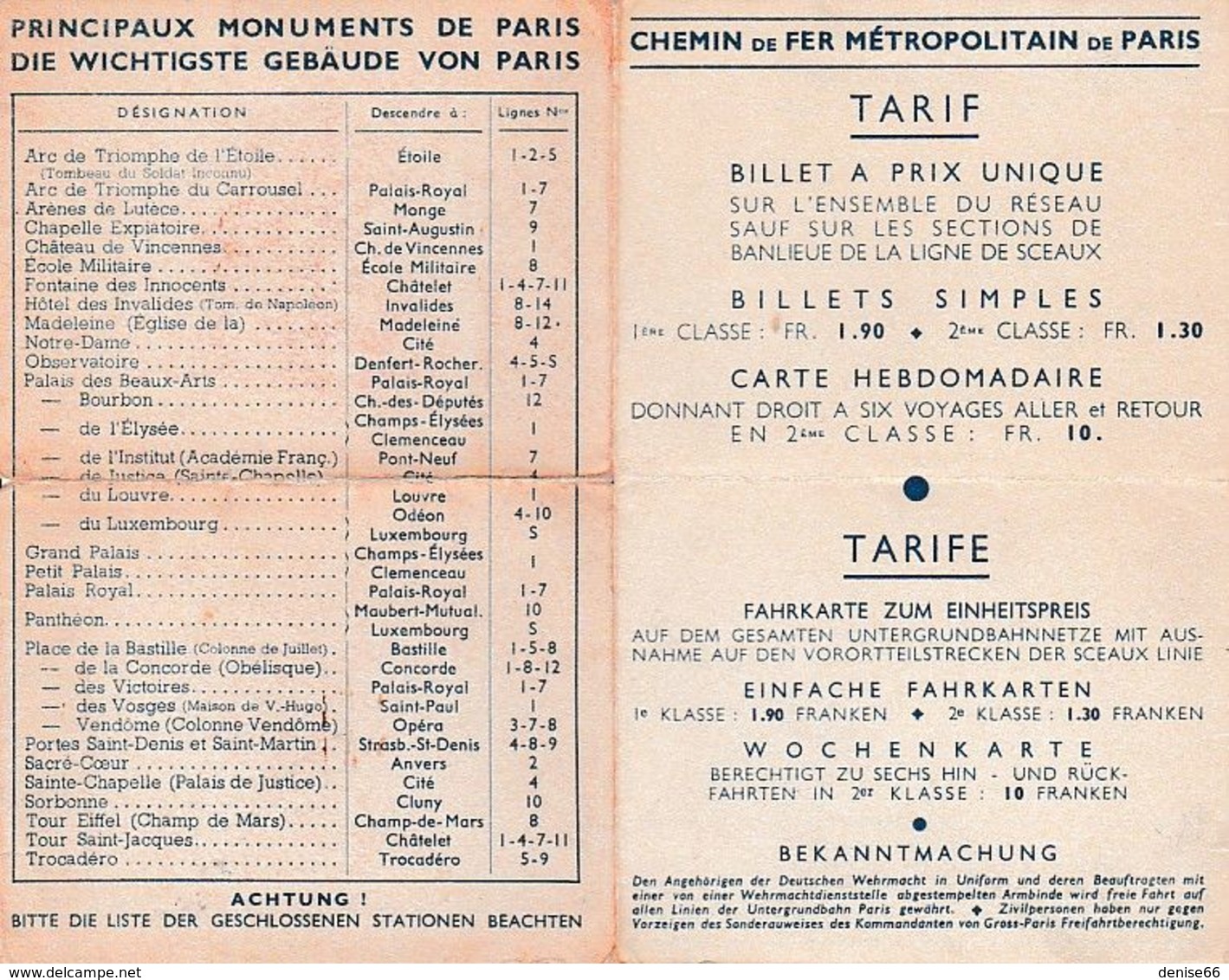 METRO De PARIS Avec PLAN - TARIF BILINGUE (Allemand) & PrinciPaux Monuments De PARIS - Documentos Históricos