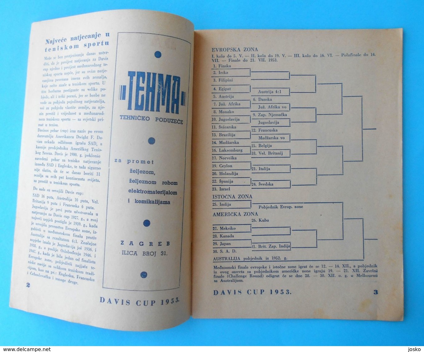 YUGOSLAVIA V FRANCE - 1953 DAVIS CUP ... Vintage Official Tennis Match Programme * Programm Tenis Programma Programa - Other & Unclassified