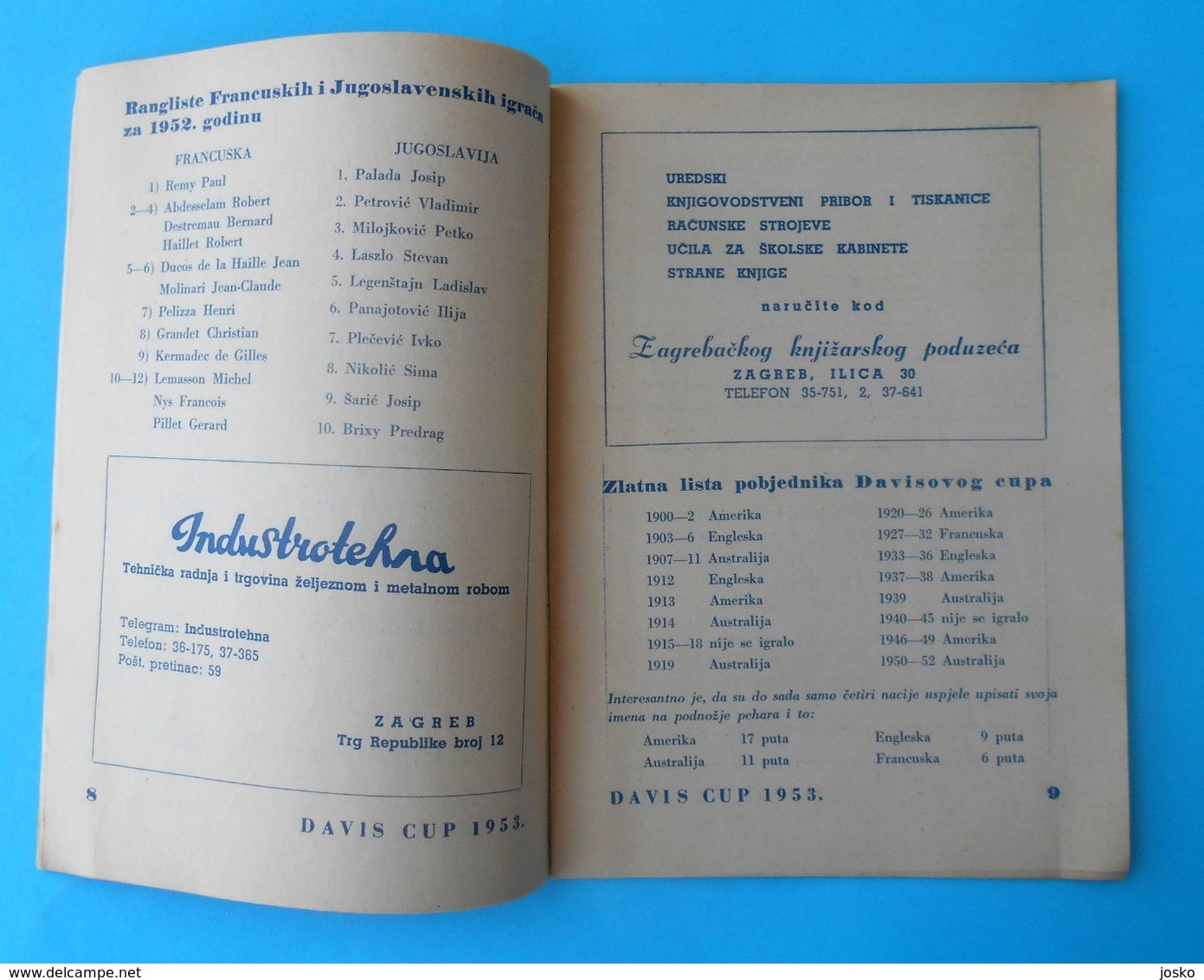 YUGOSLAVIA V FRANCE - 1953 DAVIS CUP ... Vintage Official Tennis Match Programme * Programm Tenis Programma Programa - Andere & Zonder Classificatie