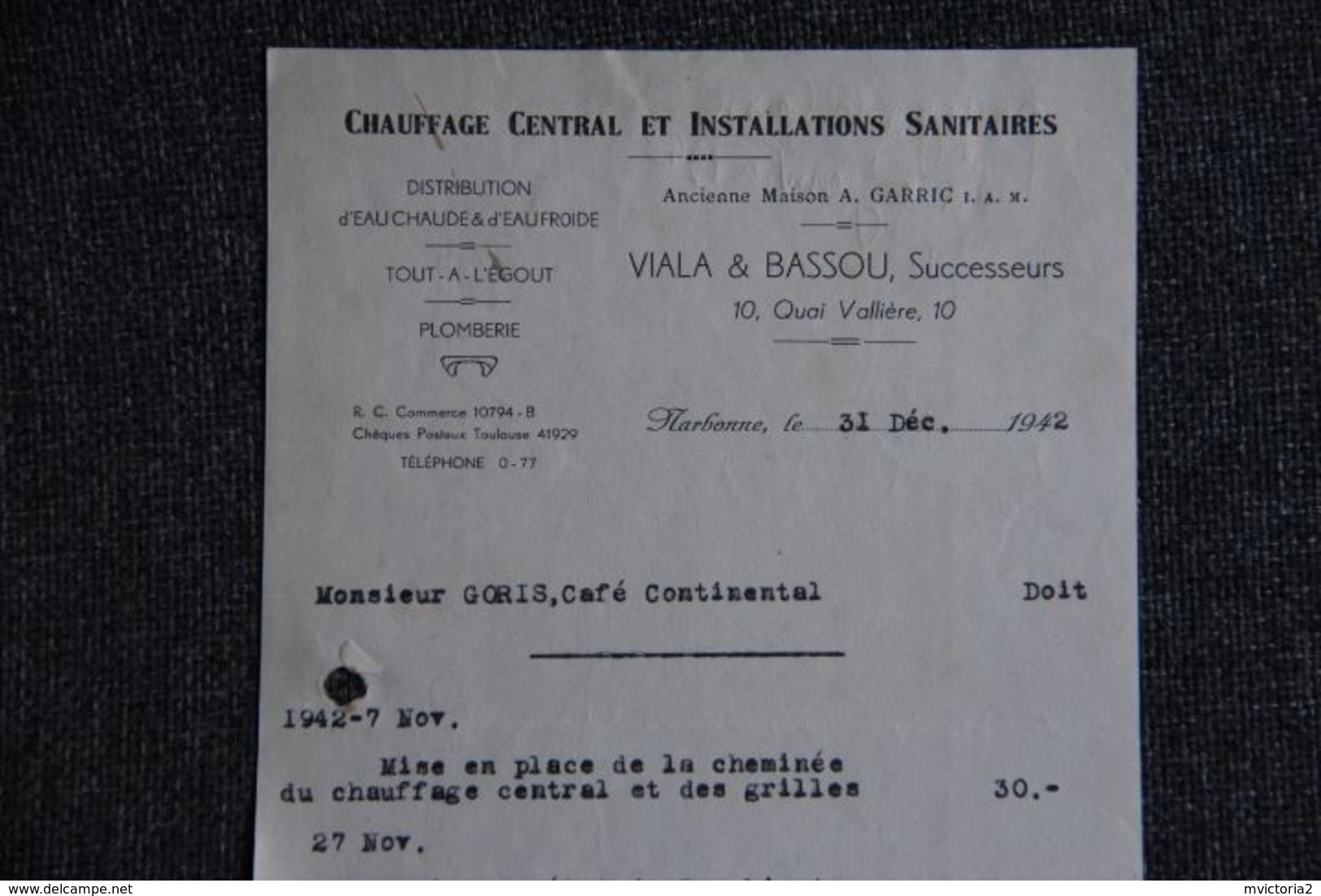 Facture Ancienne - NARBONNE, VIALA Et BASSOU, Chauffage Central Et Installations Sanitaires ( Petit Format) - 1900 – 1949