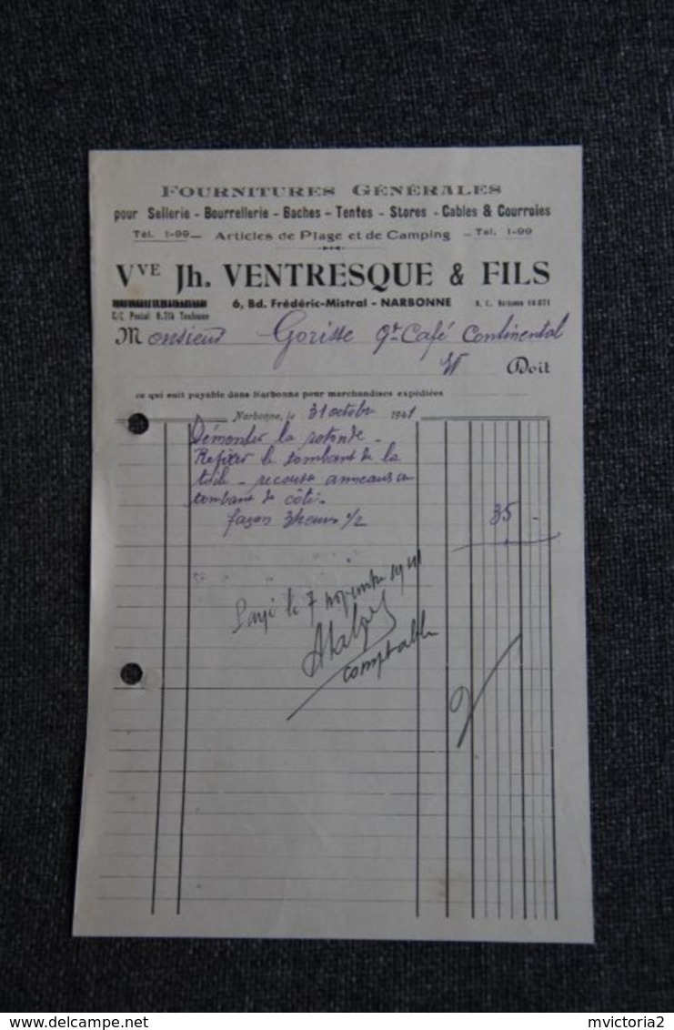 Facture Ancienne - NARBONNE, Vve VENTRESQUE, Sellerie, Bourrellerie Et Carrosserie Automobile ( Petit Format) - 1900 – 1949