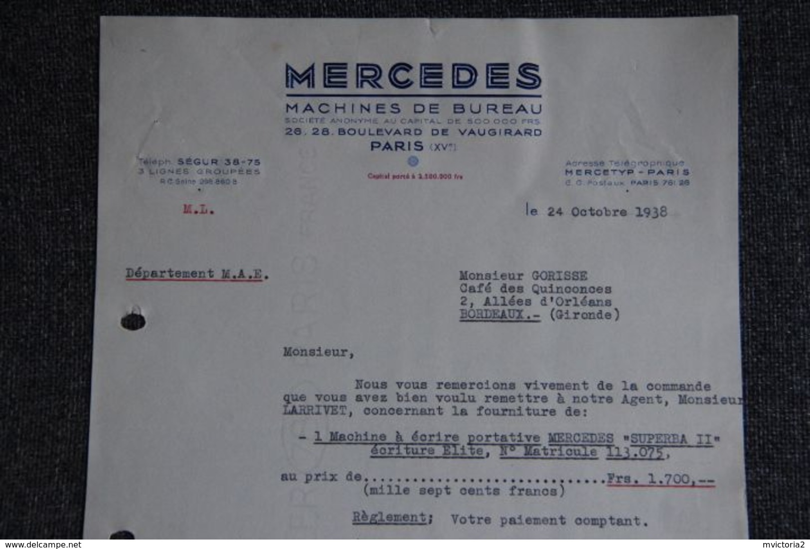 Facture Ancienne - PARIS, MERCEDES, Machines De Bureau - 1900 – 1949