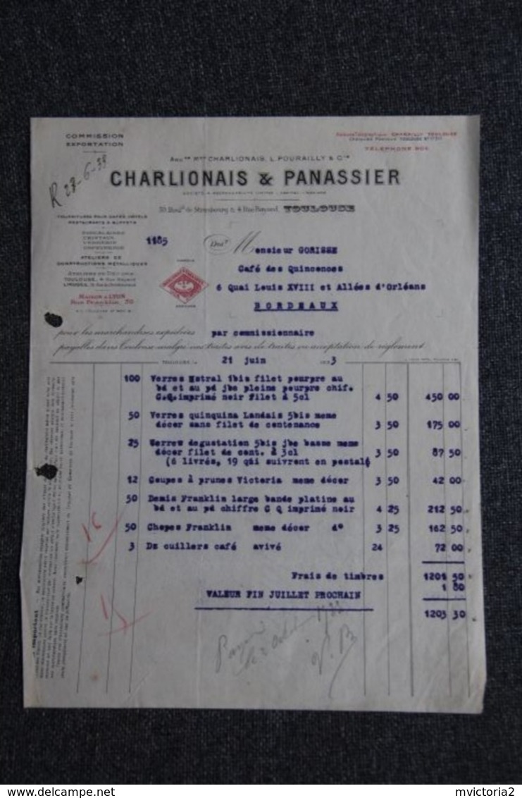 Facture Ancienne - TOULOUSE, CHARLIONAIS Et PANASSIER, Fournitures Pour Bars Et Cafés - 1900 – 1949