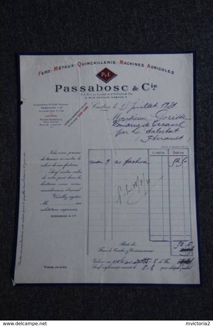Facture Ancienne - CASTRES, PASSABOSC Et Cie : Fers, Métaux, Quincaillerie Et Machines Agricoles. - 1900 – 1949