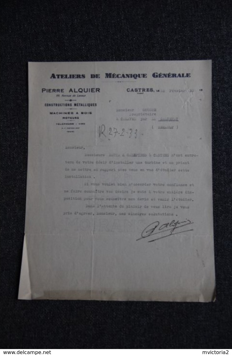 Facture Ancienne - CASTRES, Pierre ALQUIER, Atelier De Mécanique Générale - 1900 – 1949