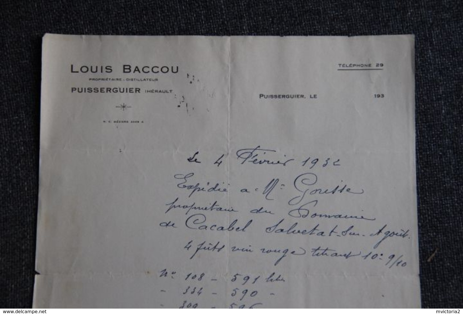Facture Ancienne - PUISSERGUIER, Louis BACCOU, Propriétaire, Distillateur. - 1900 – 1949