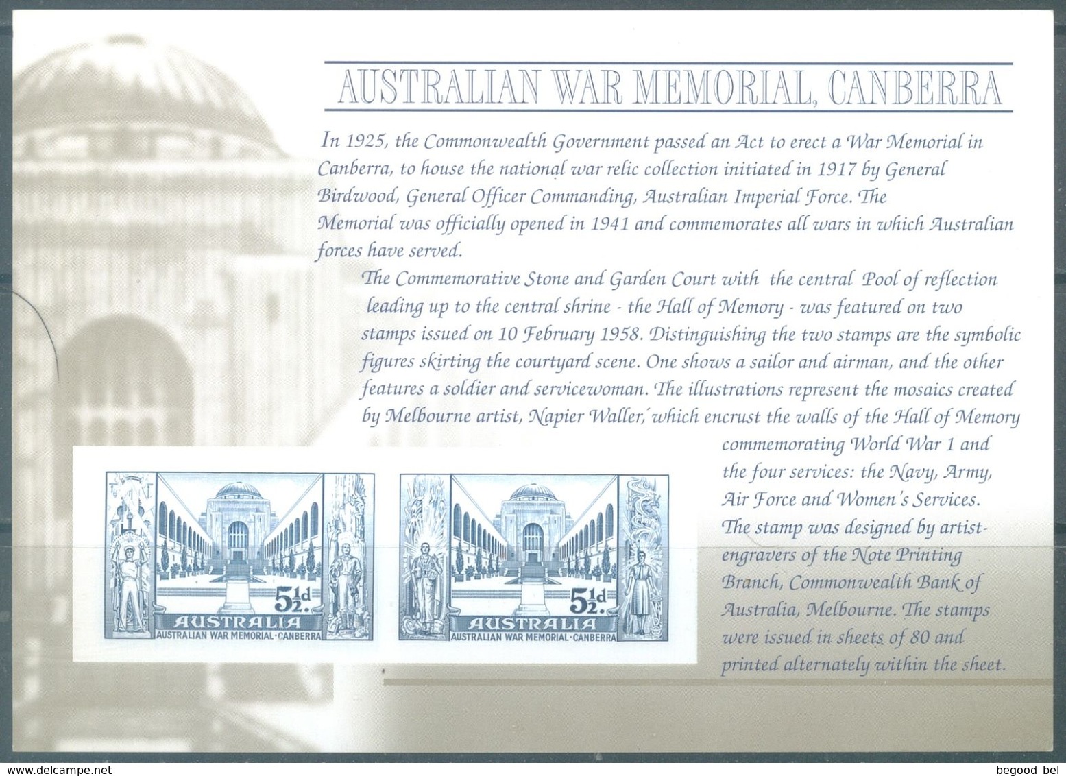 AUSTRALIA - MNH/** - REPLICA CARD # 36 AUSTRALIAN WAR MEMORIAL CANBERRA - Lot 21690 - Essais & Réimpressions