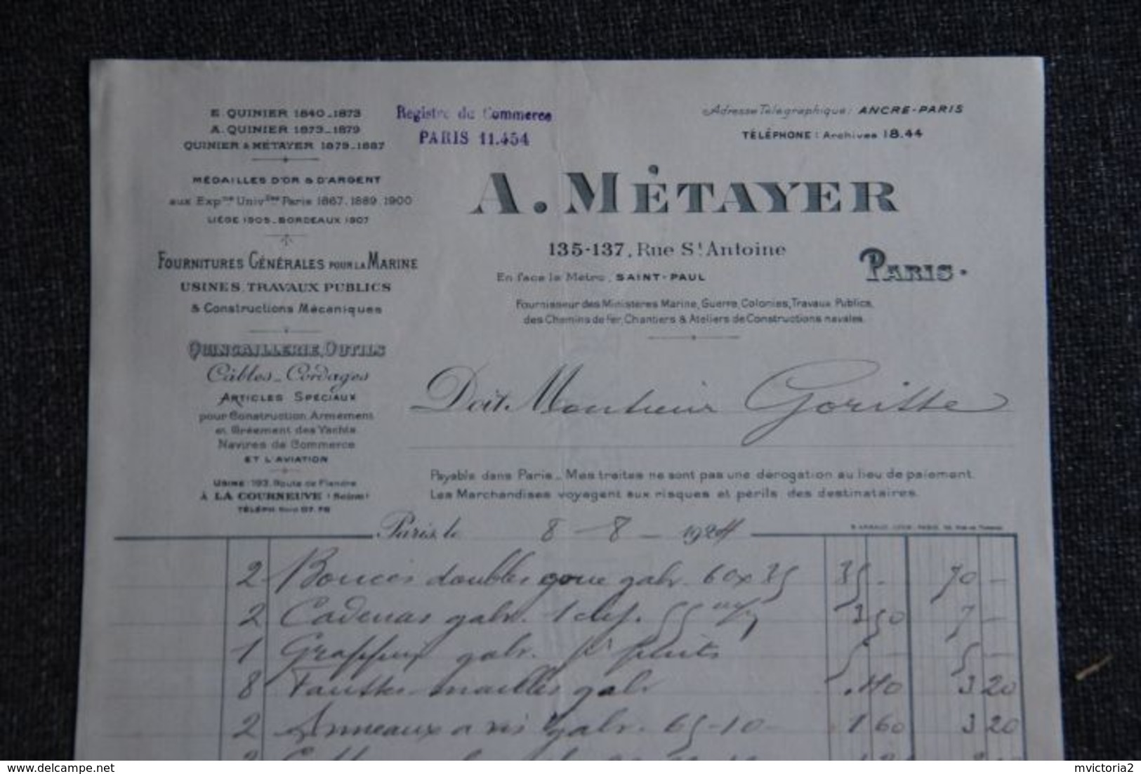 Facture Ancienne - PARIS, A.METAYER, Fournitures Générales Pour La Marine - 1900 – 1949