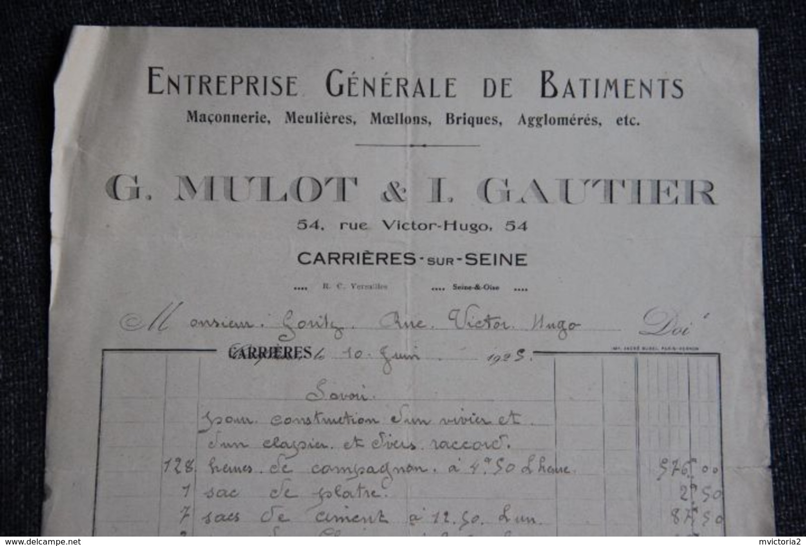 Facture Ancienne - CARRIÈRES Sur SEINE, MULOT Et GAUTIER, Entreprise Générale De Batiments. - 1900 – 1949