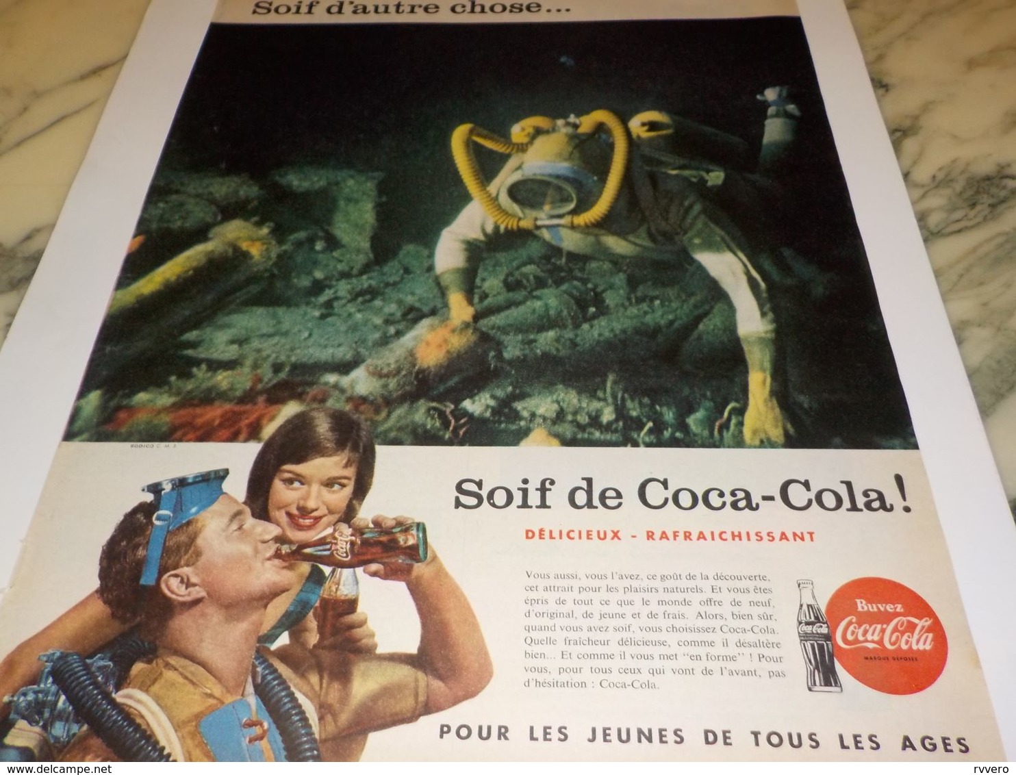 ANCIENNE PUBLICITE PLONGE SOUS MARINE SOIF D AUTRE CHOSE SOIF DE  COCA COLA 1958 - Advertising Posters