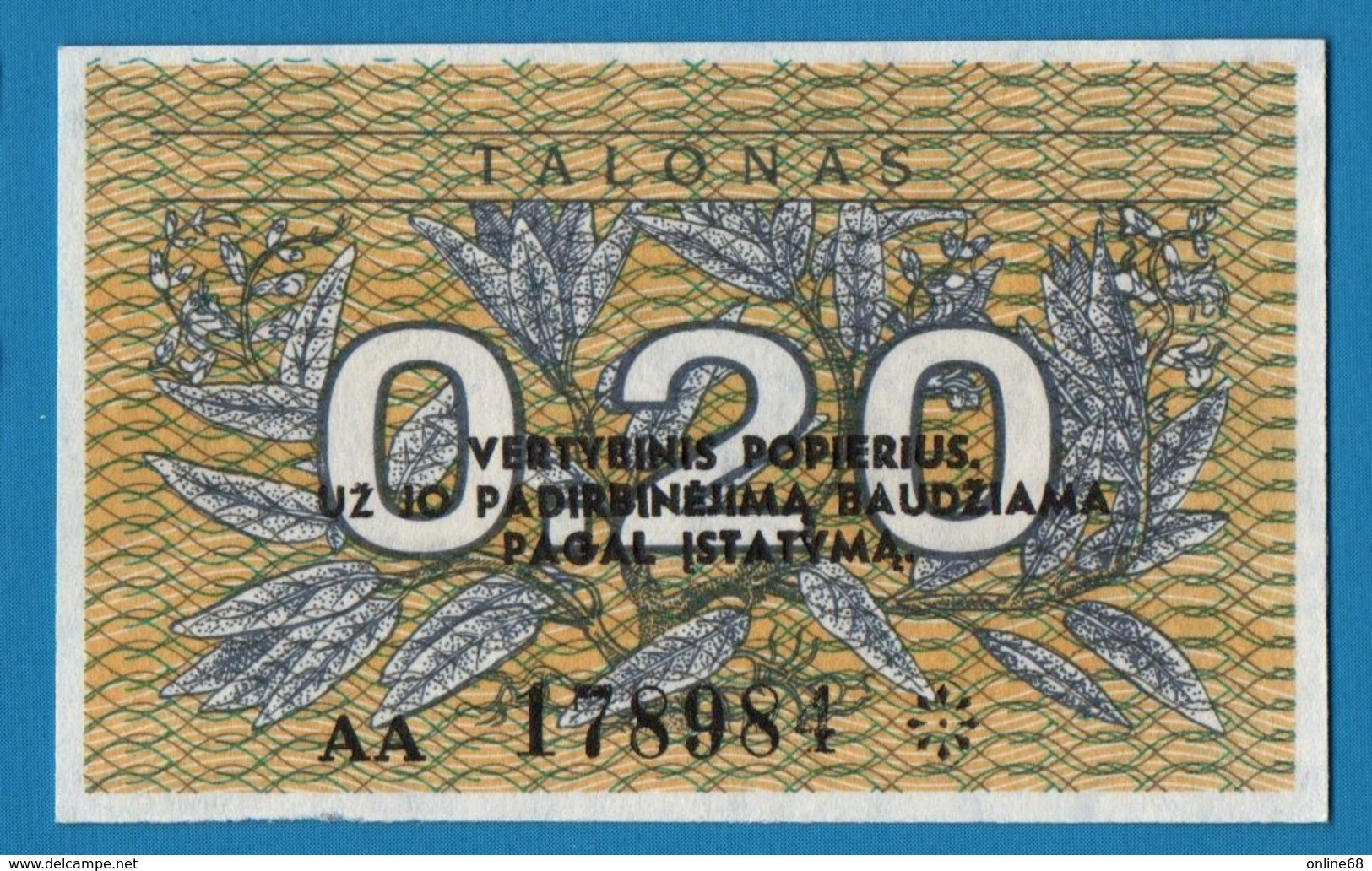 LITHUANIA 	 0,20 Talonas 1991 # AA 178984  P# 30 - Litauen