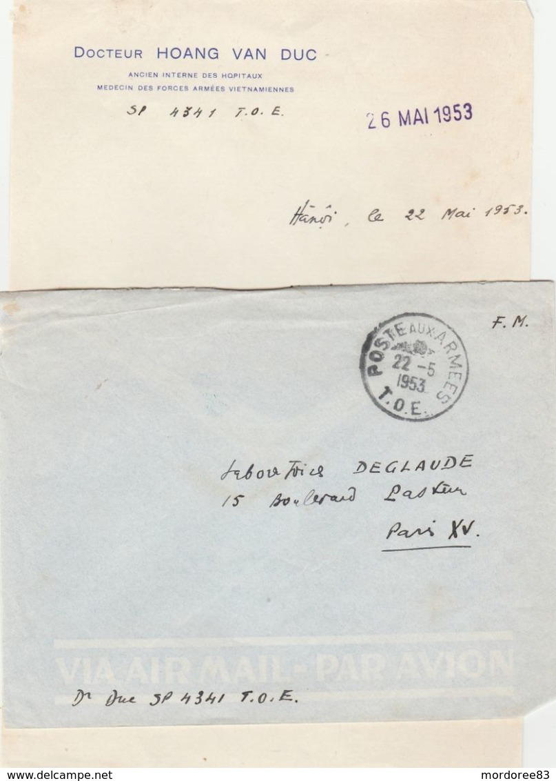 LAC FM POSTE AUX ARMEES 22/5/1953 DT HOANG VAN DUC SP 4341 T.O.E POUR LABORATOIRE DEGLAUDE PARIS - Guerre D'Indochine / Viêt-Nam