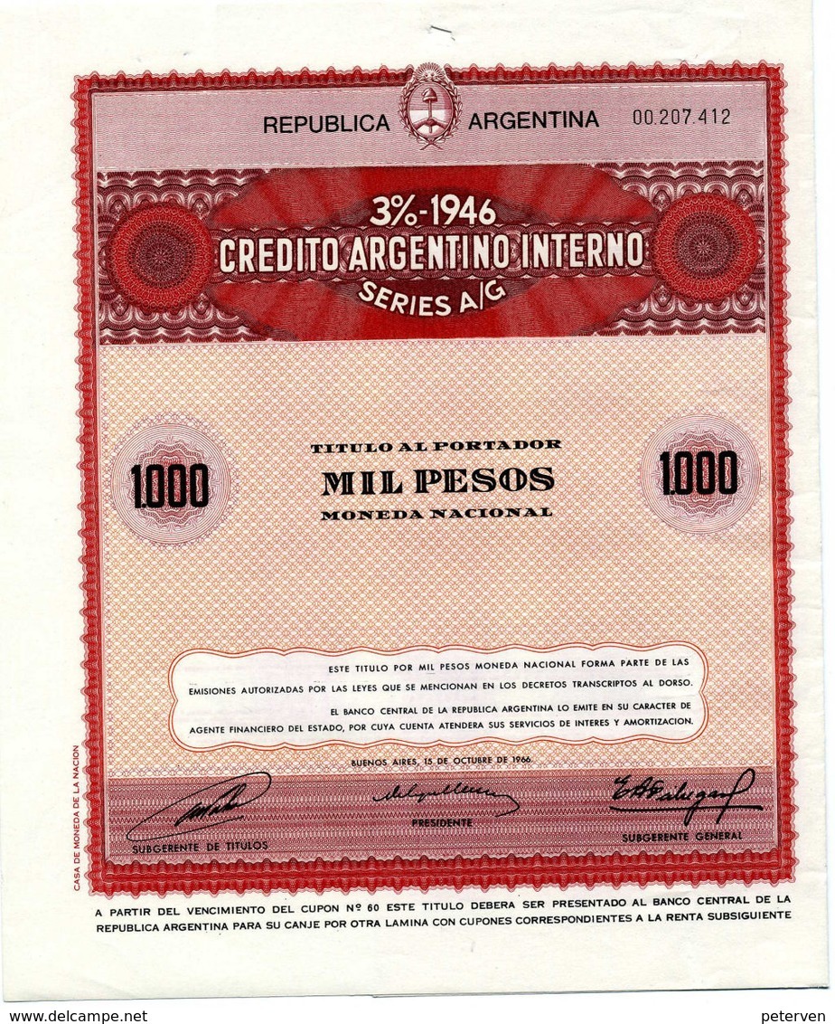 Republica Argentina: 3% CREDITO ARGENTINO INTERNO (1946) - Unclassified