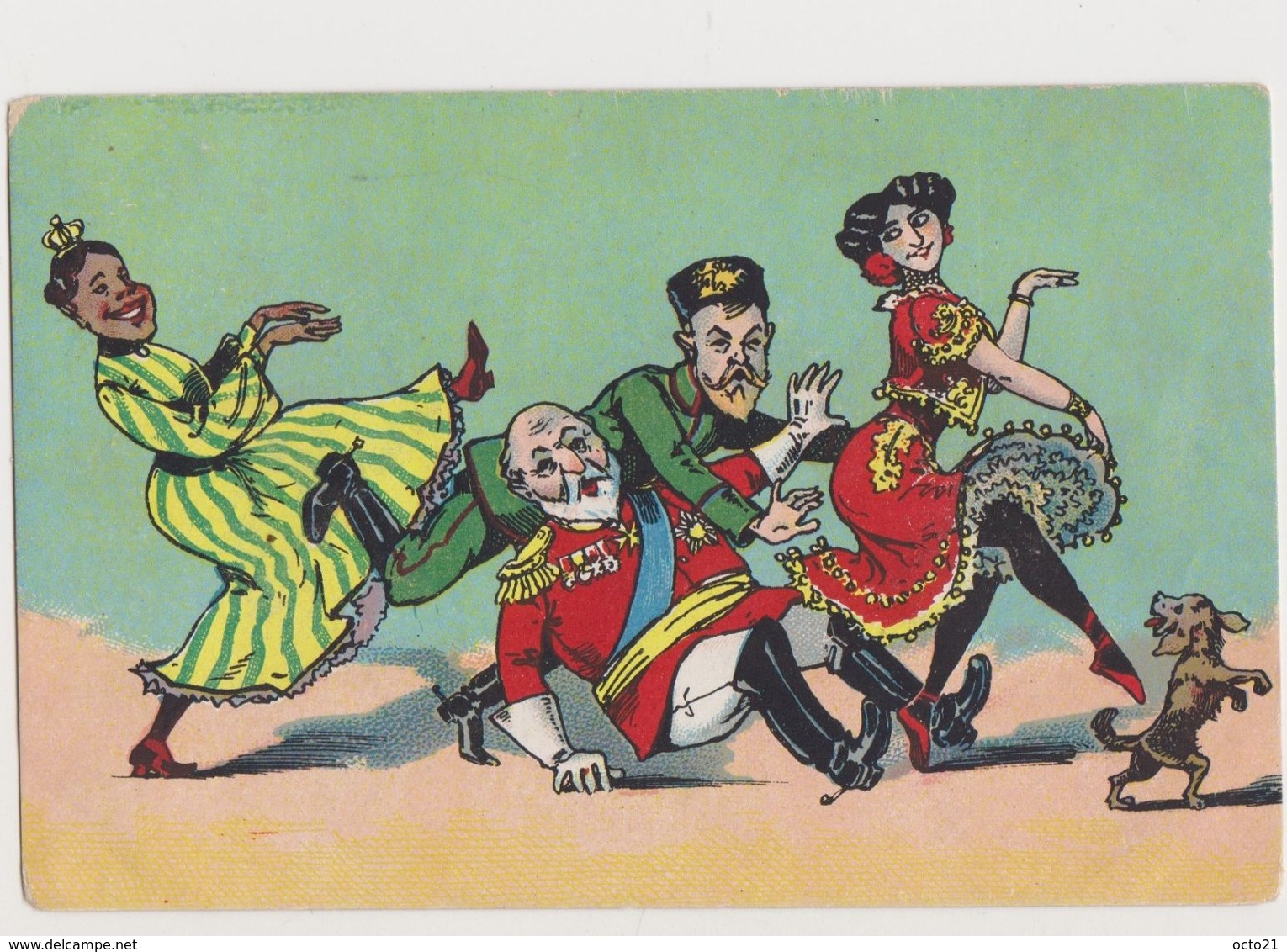 Carte Fantaisie Dessinée Satirique / Farandole : Tsar De Russie, Empereur Guillaume, 2 Femmes En Robe à Volants , Chien - Satirische