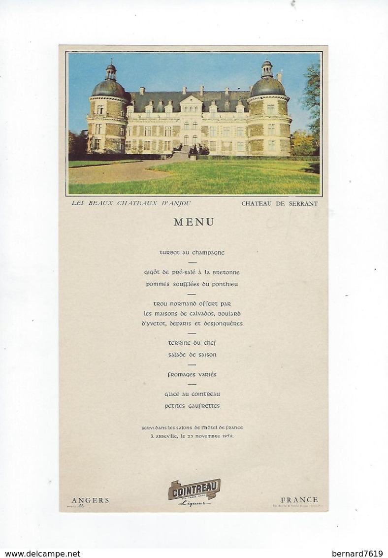 Menu 49 Chateau De Serrant  Le  23 Novembre 1959  Abbeville 80 Hotel De France - Menükarten