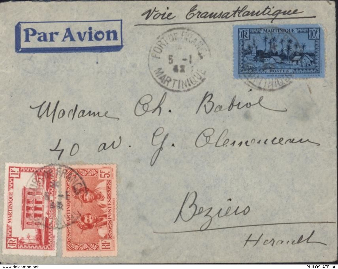 Guerre 39 45 Martinique YT 148A 152 153 Par Avion Voie Transtlantique Fort De France 5 1 1942 Censure 2 Contrôle Postal - Briefe U. Dokumente