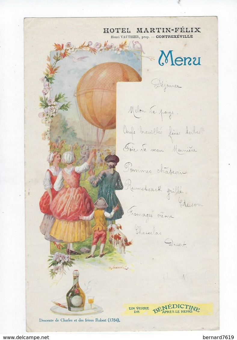 Menu    Benedictine 76 Fecamp Art Nouveau  Hotel Martin-felix 88 Contrexeville  Ballon Civil Aerostatier - Menus