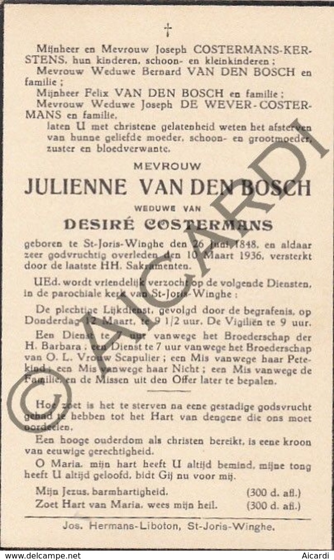 Julienne VAN DEN BOSCH °1848 Sint Joris Winge †1936 - Desiré COSTERMANS  (F168) - Esquela