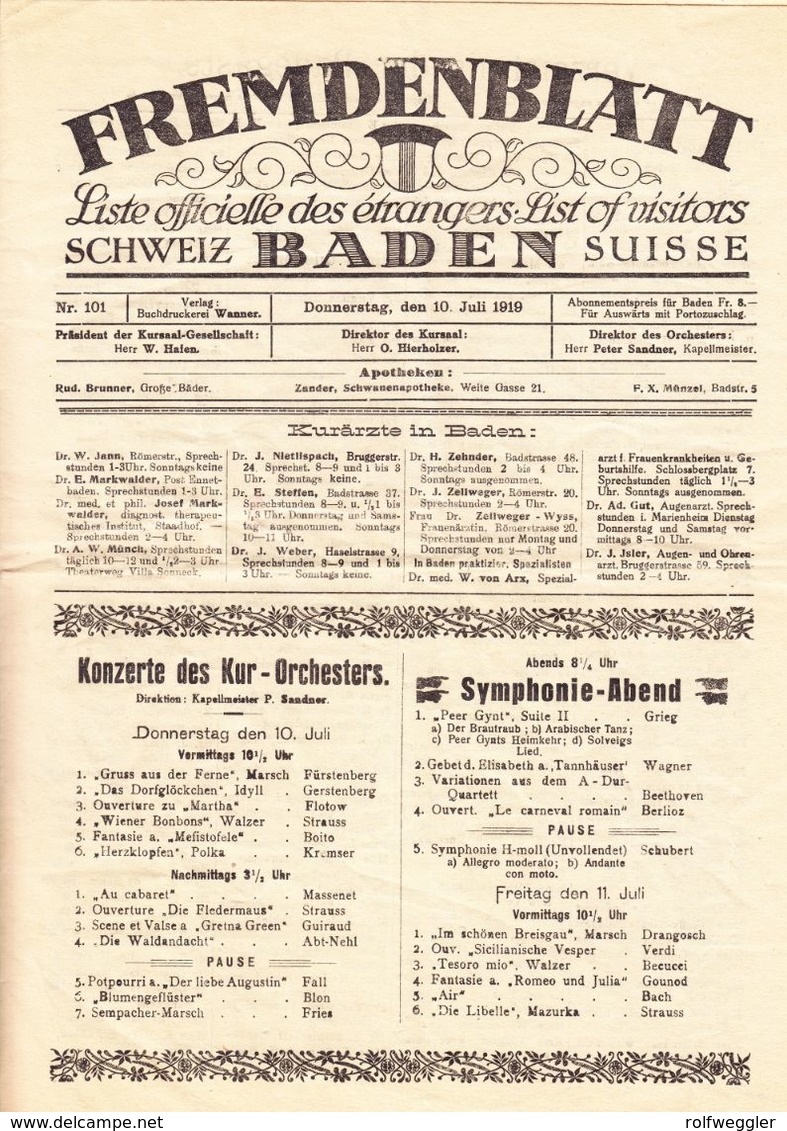1919 Schweiz. Fremdenblatt Mit Offizieller Besucherliste Der Kurgäste In Baden (Aargau). 8 Seitig - Fashion