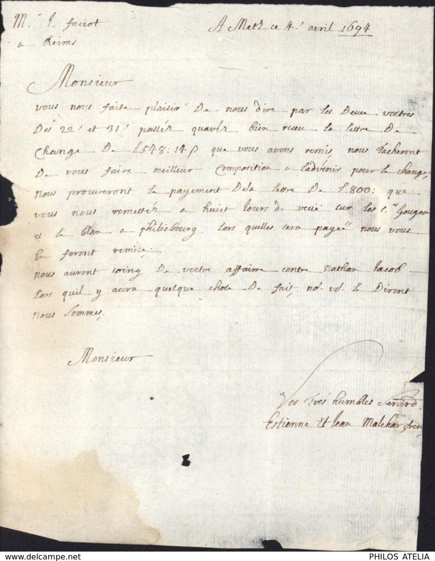 Moselle 57 Lettre De Metz 4 Avril 1694 Pour Reims Taxe Manuscrite 3 - ....-1700: Precursors