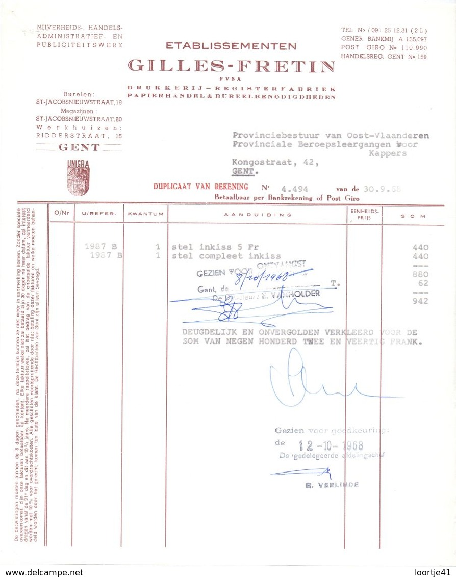 Factuur Facture - Drukkerij Papierhandel Ets Gilles - Fretin - Gent - 1968 - Drukkerij & Papieren